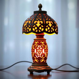 A beautifully detailed lamp, elegantly designed with intricate patterns and soft curves, emitting a warm and inviting glow