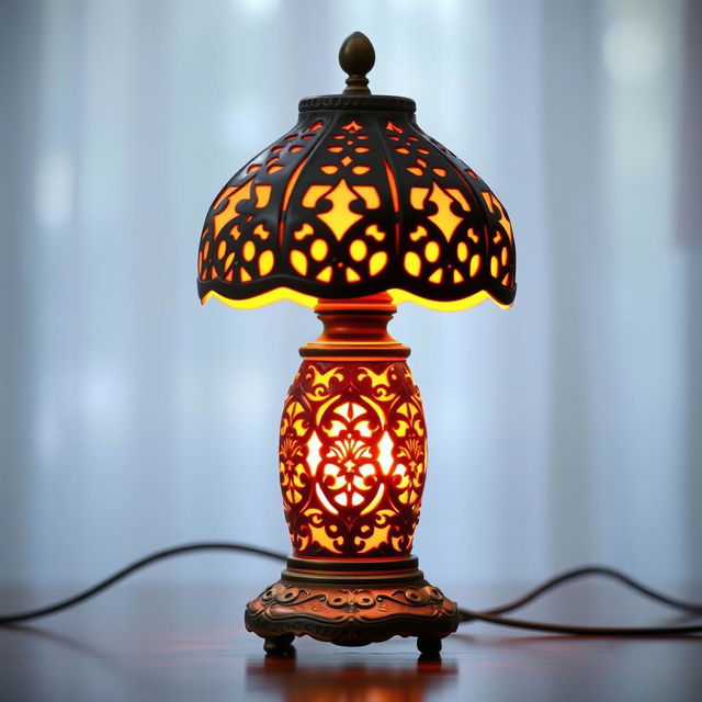 A beautifully detailed lamp, elegantly designed with intricate patterns and soft curves, emitting a warm and inviting glow