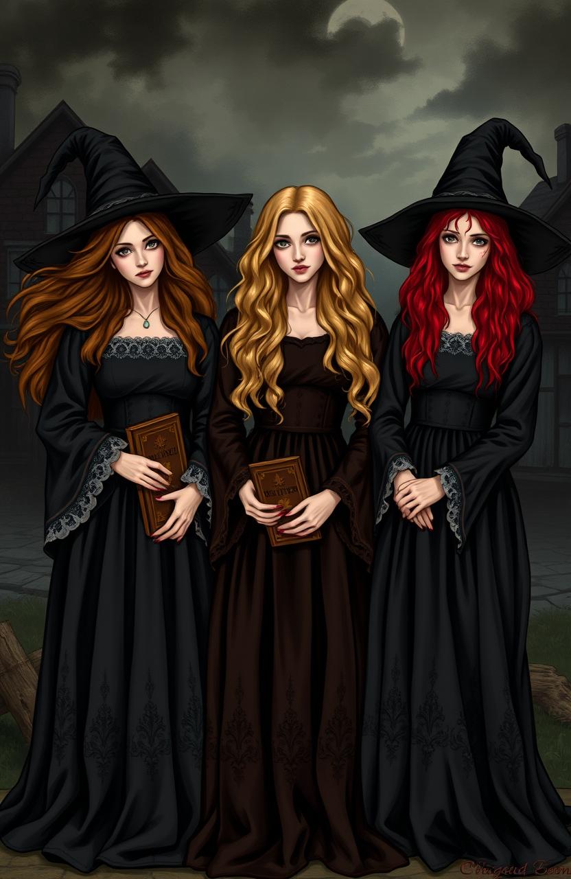 Three witches standing together during the Salem witch trials, showcasing their distinct hair colors; one witch has flowing brown hair, the second witch displays long, wavy blonde hair, and the third witch boasts vibrant red hair