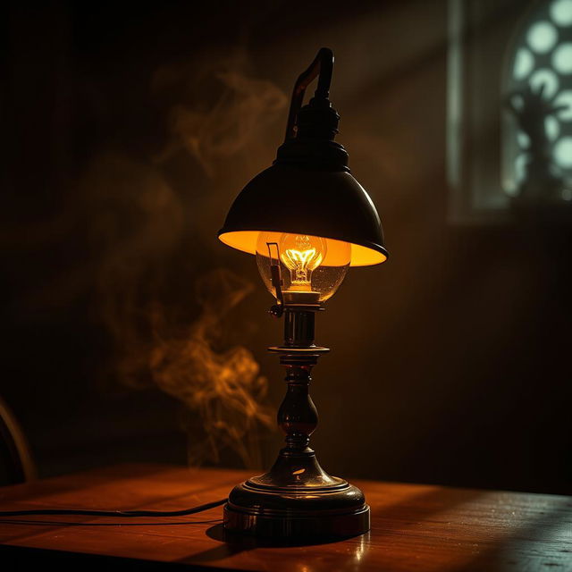A stunning cinematic lamp positioned dramatically in a dimly lit room, casting intricate shadows and a warm, golden light that bathes the surroundings