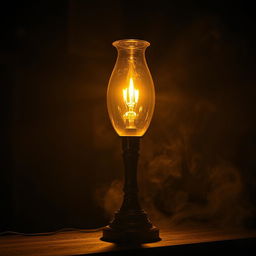 A stunning cinematic lamp positioned dramatically in a dimly lit room, casting intricate shadows and a warm, golden light that bathes the surroundings