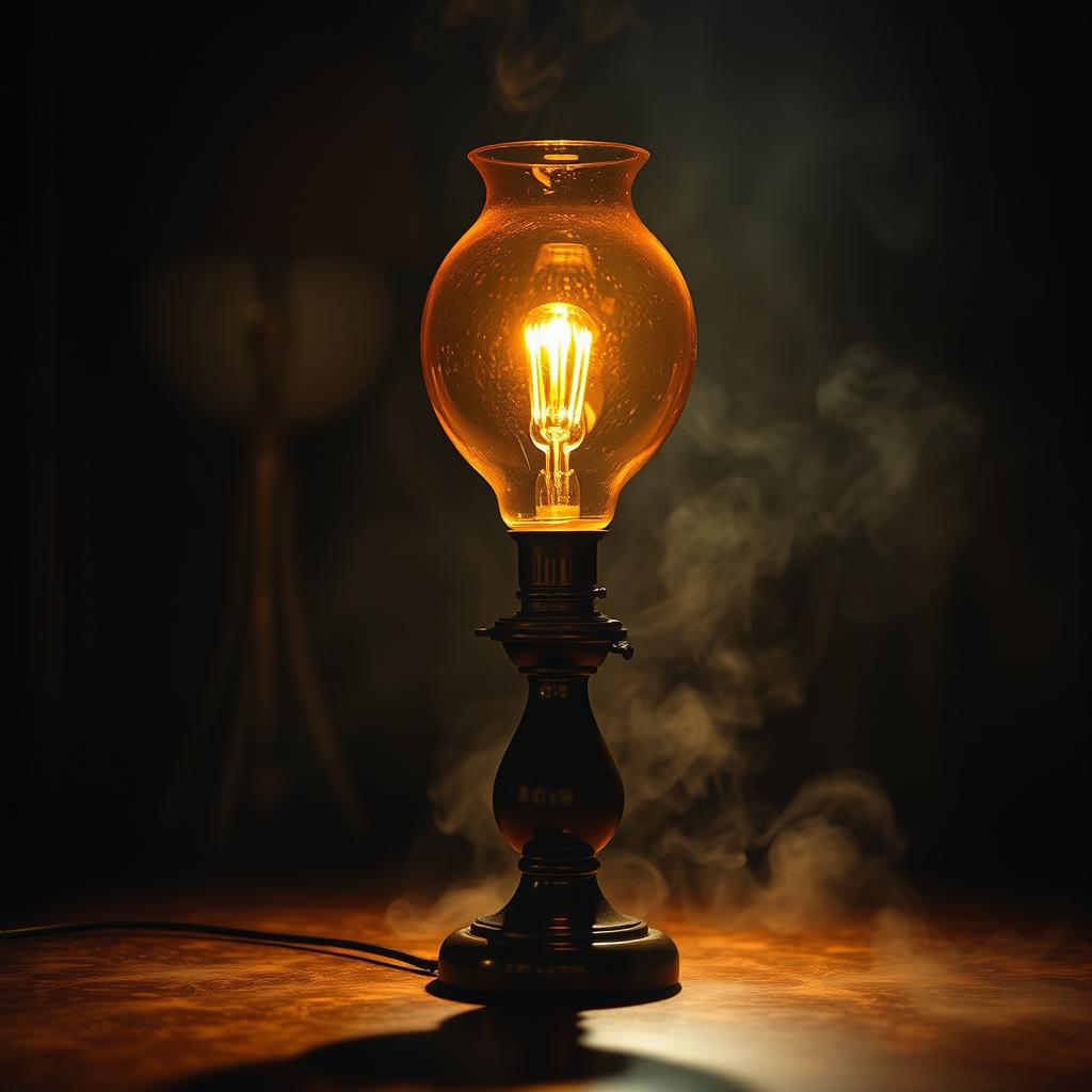 A stunning cinematic lamp positioned dramatically in a dimly lit room, casting intricate shadows and a warm, golden light that bathes the surroundings