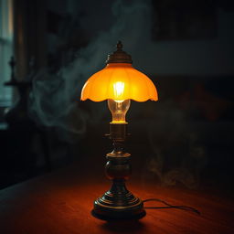 A stunning cinematic lamp positioned dramatically in a dimly lit room, casting intricate shadows and a warm, golden light that bathes the surroundings