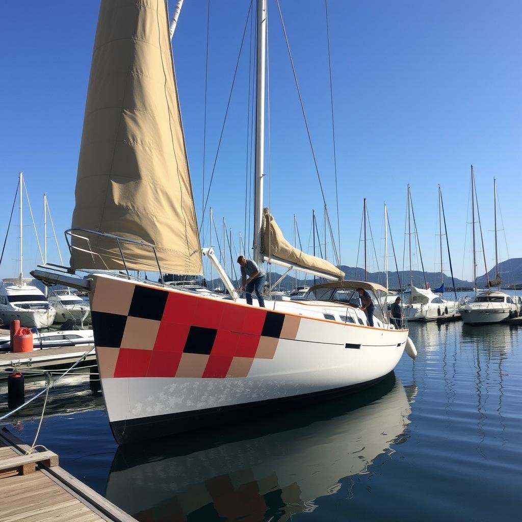 A beautiful sailing boat docked at a marina, with skilled craftsmen painting its exterior in a checkered pattern featuring the iconic Burberry colors: beige, black, red, and white
