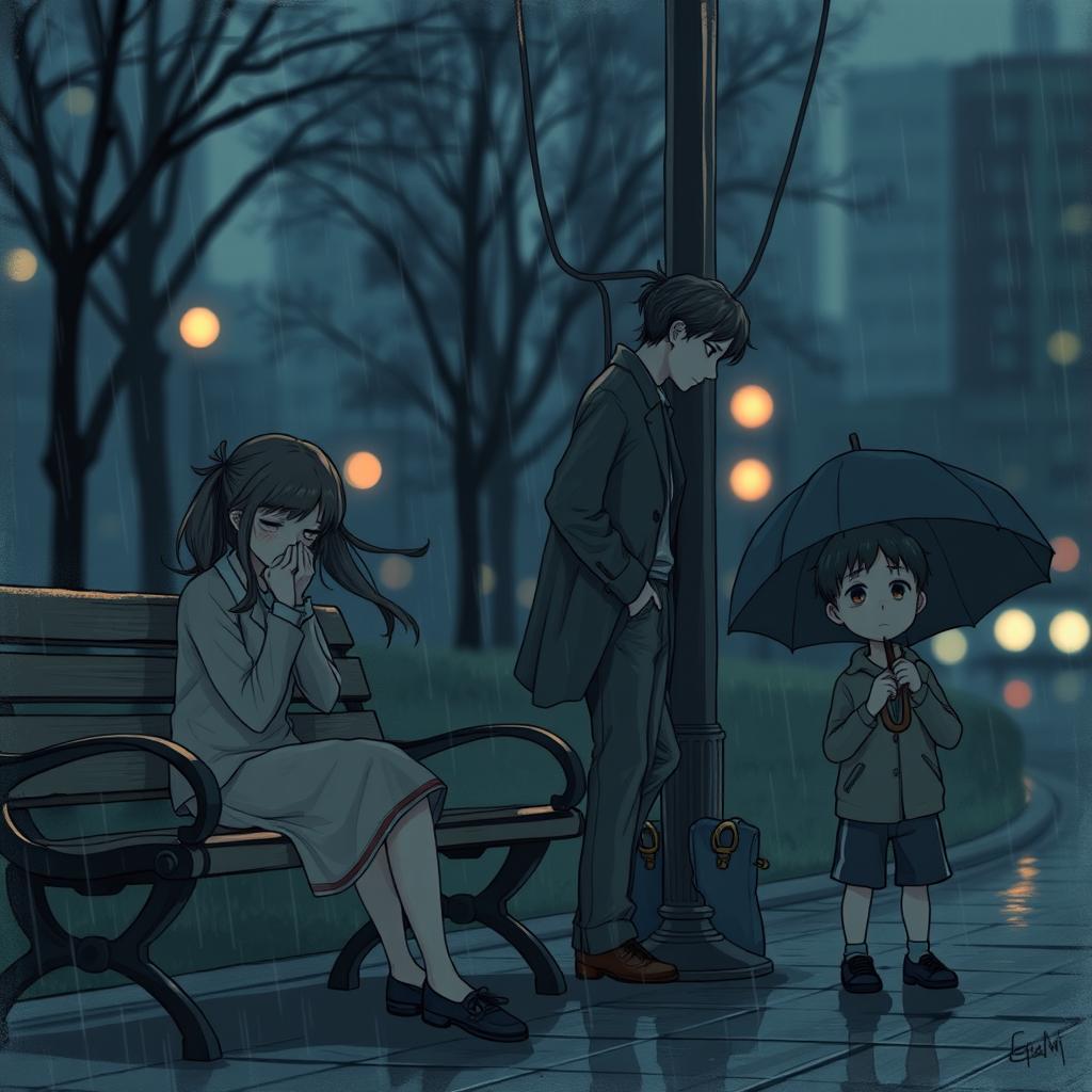 A contemplative scene depicting a group of sad individuals in an urban setting