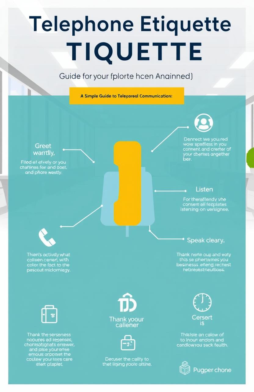 An informative and stylish graphic design illustrating 'Telephone Etiquette in Business: A Simple Guide to Professional Communication'