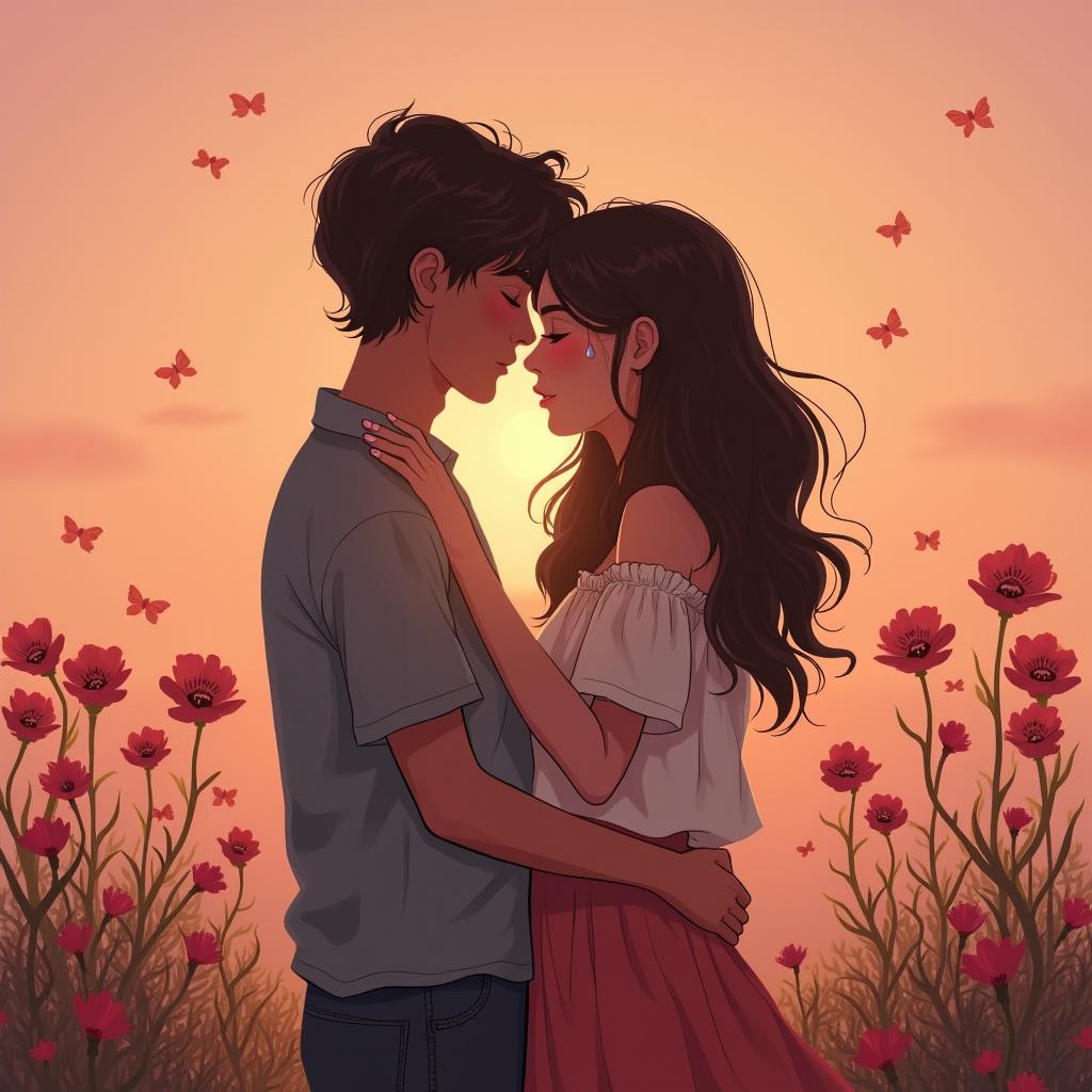 A poignant scene depicting the duality of love and sorrow, featuring a couple in a warm embrace, with one partner shedding a single tear