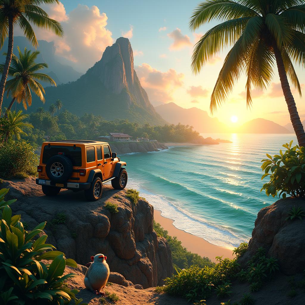 A picturesque landscape inspired by the Far Cry video game series, showcasing a vibrant tropical island filled with lush jungles, towering mountains, and crystal-clear waters