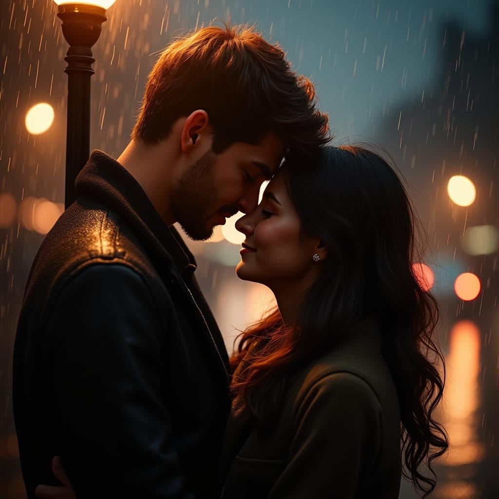 A touching scene depicting a romantic couple embracing under a softly lit street lamp at night, with gentle raindrops falling around them