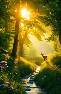 A serene landscape featuring soft golden glimmers of sunlight breaking through lush green trees in a vibrant forest