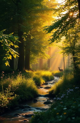 A serene landscape featuring soft golden glimmers of sunlight breaking through lush green trees in a vibrant forest