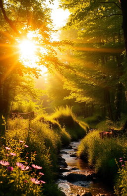 A serene landscape featuring soft golden glimmers of sunlight breaking through lush green trees in a vibrant forest