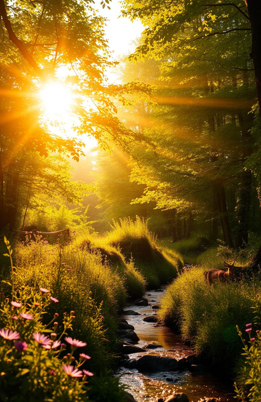 A serene landscape featuring soft golden glimmers of sunlight breaking through lush green trees in a vibrant forest