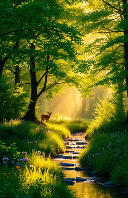 A serene landscape featuring soft golden glimmers of sunlight breaking through lush green trees in a vibrant forest