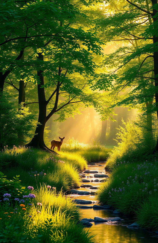 A serene landscape featuring soft golden glimmers of sunlight breaking through lush green trees in a vibrant forest