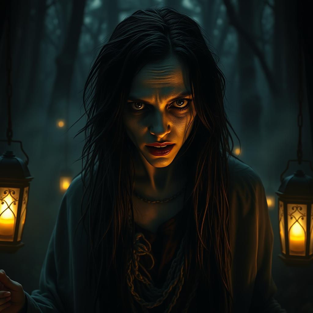 A terrifying woman with haunting features, deep dark eyes that pierce through the shadows, skin pale as a ghost, long disheveled black hair flowing around her face, dressed in tattered ancient clothing, surrounded by an ominous mist in a dark, eerie forest