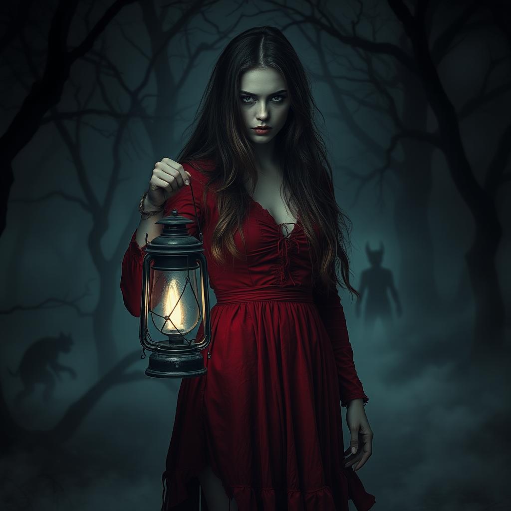 A mysterious woman surrounded by an aura of darkness, with long flowing hair and piercing eyes, dressed in a red, tattered dress that appears bloodstained