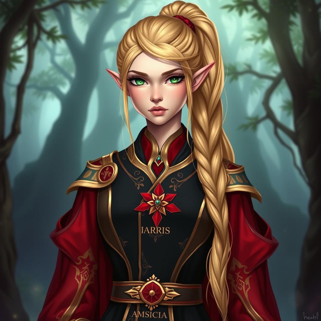 A full-body portrait of Aria Amastacia, a 5-foot tall high elf with long golden blonde hair styled into a high ponytail