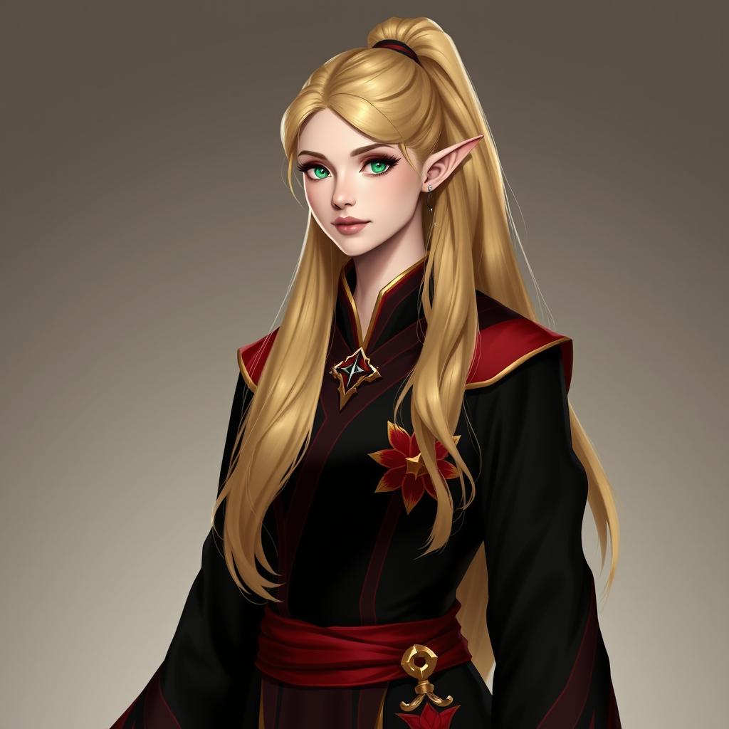 A full-body portrait of Aria Amastacia, a high elf who is 5 feet tall