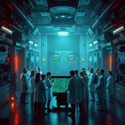 An intricate, mysterious scene depicting the SCP Foundation, showcasing a high-security facility filled with advanced technology and containment units