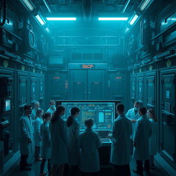An intricate, mysterious scene depicting the SCP Foundation, showcasing a high-security facility filled with advanced technology and containment units