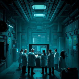 An intricate, mysterious scene depicting the SCP Foundation, showcasing a high-security facility filled with advanced technology and containment units