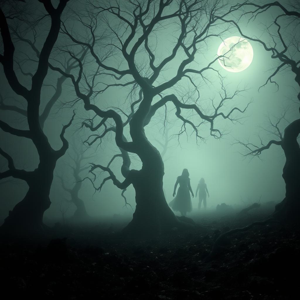 An eerie landscape shrouded in a dense fog, filled with twisted, gnarled trees reaching out like skeletal hands