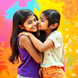 Two Indian teenage girls, both 13 years old, embracing each other in a tender and affectionate kiss, surrounded by a vibrant, colorful background that emphasizes youth and innocence