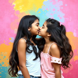 Two Indian teenage girls, both 13 years old, embracing each other in a tender and affectionate kiss, surrounded by a vibrant, colorful background that emphasizes youth and innocence