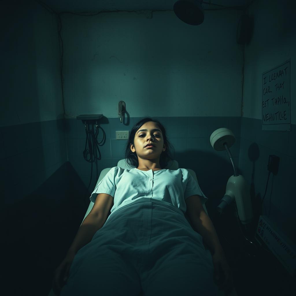 In an eerie, abandoned old hospital's morgue, a mysterious aura surrounds the room
