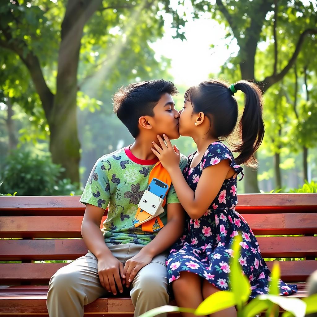 Two Indian teenagers, a boy and a girl, both around 13 years old, are sitting closely together on a park bench surrounded by lush greenery