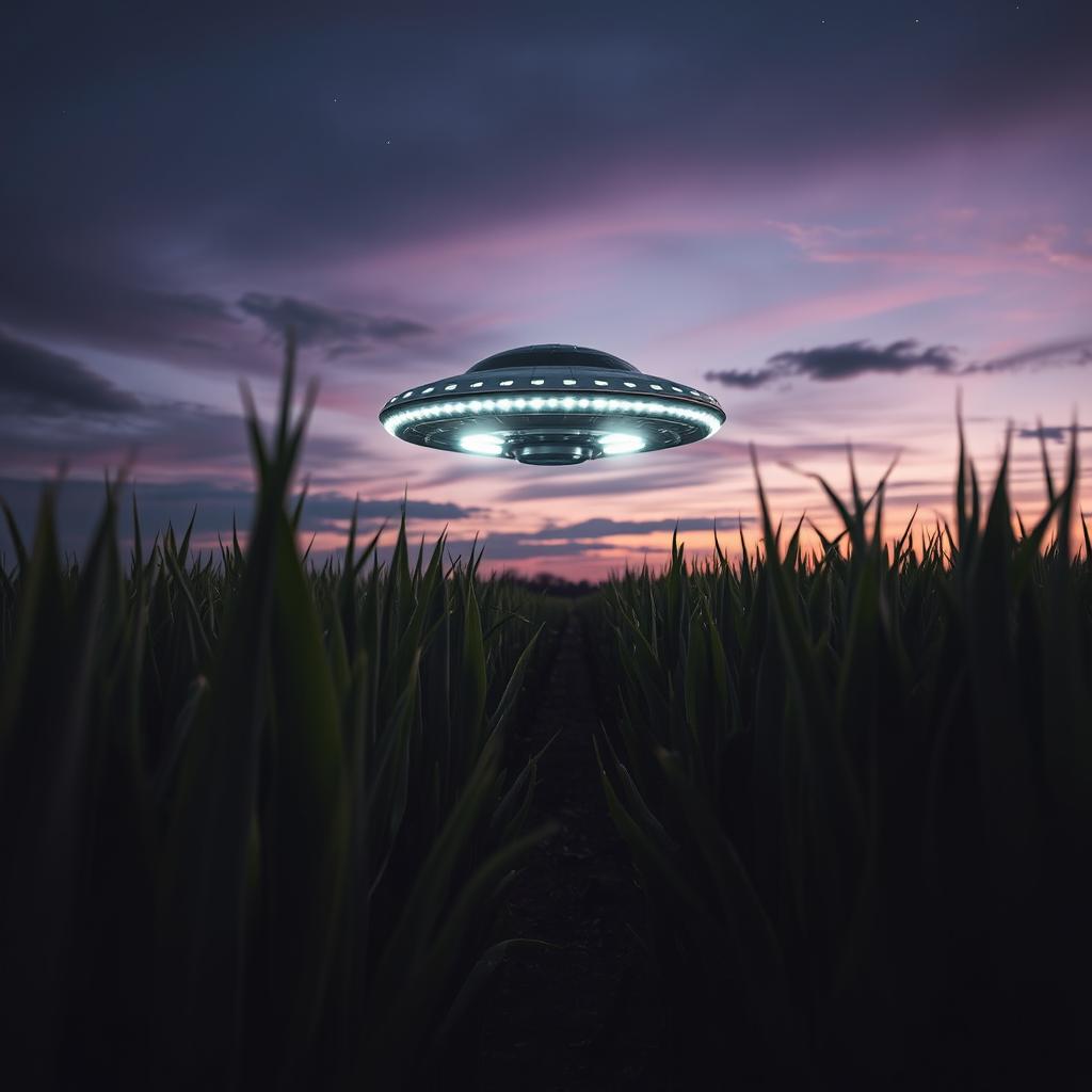 A raw photograph of a UFO hovering in a cornfield, captured as if for a sci-fi documentary poster