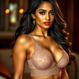 A hot, sexy Indian woman wearing an elegant and alluring lace bra that highlights her curves