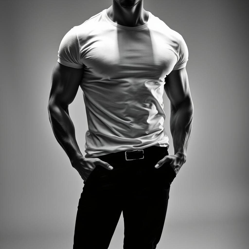 A striking black and white portrait of a fit person wearing a white t-shirt and black pants