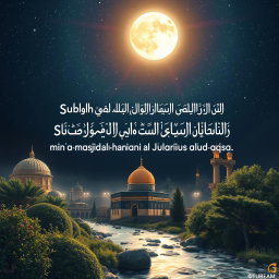 A captivating artistic depiction of the miraculous night journey known as Isra and Mi'raj, focusing on the verse 'Subhan alladhi asra bi'abdihi min al-masjid al-haram ila al-masjid al-aqsa'