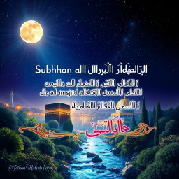A captivating artistic depiction of the miraculous night journey known as Isra and Mi'raj, focusing on the verse 'Subhan alladhi asra bi'abdihi min al-masjid al-haram ila al-masjid al-aqsa'