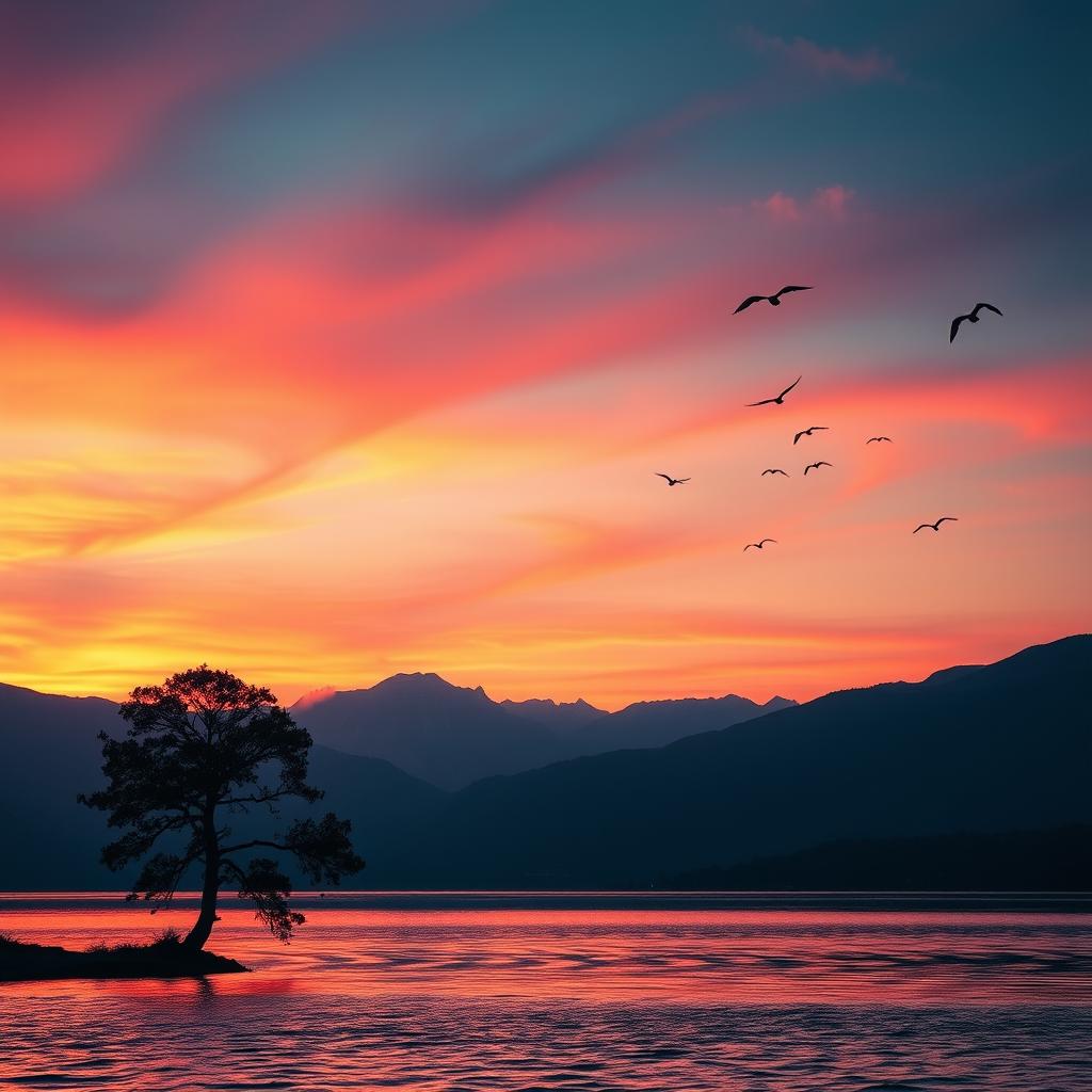 A stunning, high-quality cinematic scene featuring an epic sunset over a tranquil lake, with vibrant hues of orange and pink reflecting on the water