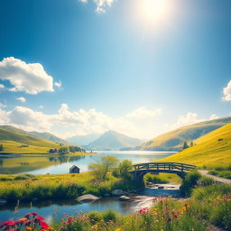 a dreamy, idyllic landscape featuring lush green hills, a clear blue sky with fluffy white clouds, a serene lake reflecting the scenery, colorful wildflowers blooming in the foreground, and a charming wooden bridge crossing over a babbling brook
