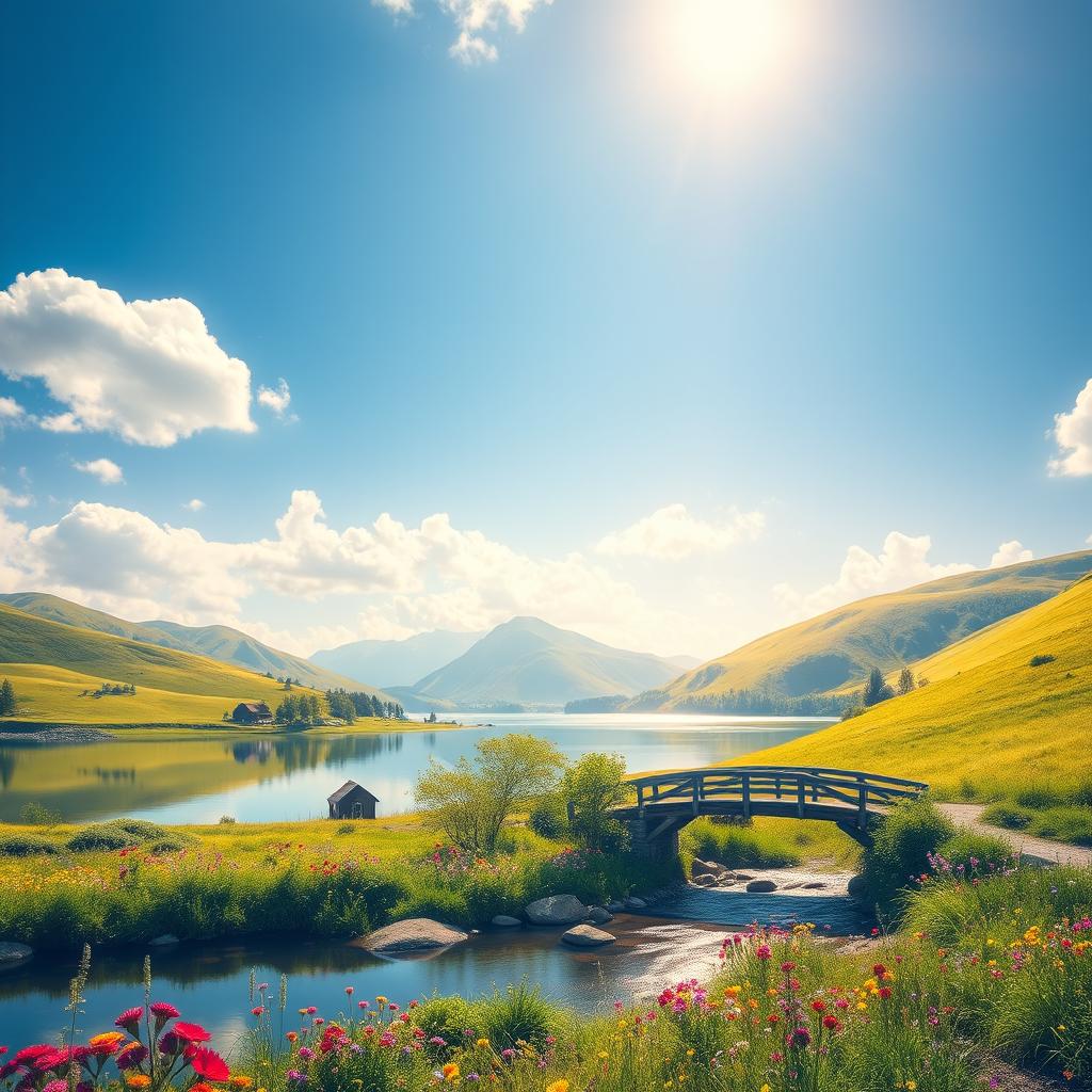 a dreamy, idyllic landscape featuring lush green hills, a clear blue sky with fluffy white clouds, a serene lake reflecting the scenery, colorful wildflowers blooming in the foreground, and a charming wooden bridge crossing over a babbling brook
