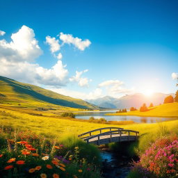 a dreamy, idyllic landscape featuring lush green hills, a clear blue sky with fluffy white clouds, a serene lake reflecting the scenery, colorful wildflowers blooming in the foreground, and a charming wooden bridge crossing over a babbling brook