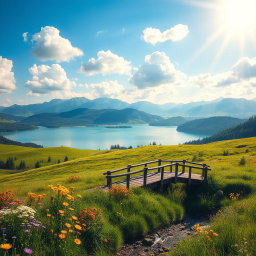 a dreamy, idyllic landscape featuring lush green hills, a clear blue sky with fluffy white clouds, a serene lake reflecting the scenery, colorful wildflowers blooming in the foreground, and a charming wooden bridge crossing over a babbling brook