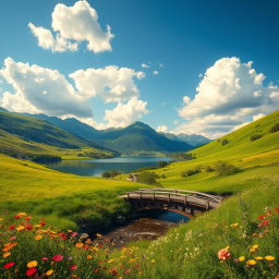 a dreamy, idyllic landscape featuring lush green hills, a clear blue sky with fluffy white clouds, a serene lake reflecting the scenery, colorful wildflowers blooming in the foreground, and a charming wooden bridge crossing over a babbling brook