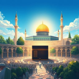 A breathtaking illustration capturing the spiritual journey from the Masjid al-Haram in Mecca to the Masjid al-Aqsa in Jerusalem