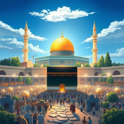 A breathtaking illustration capturing the spiritual journey from the Masjid al-Haram in Mecca to the Masjid al-Aqsa in Jerusalem
