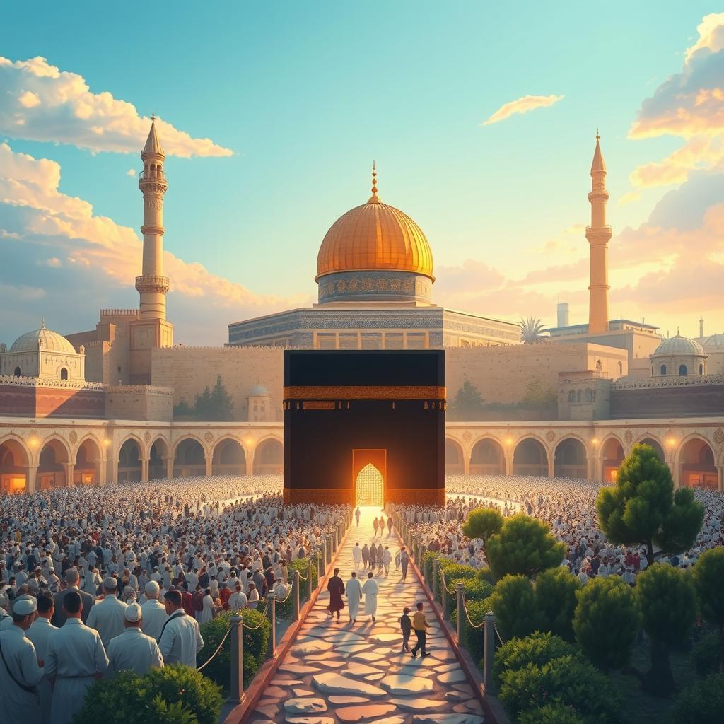 A breathtaking illustration capturing the spiritual journey from the Masjid al-Haram in Mecca to the Masjid al-Aqsa in Jerusalem