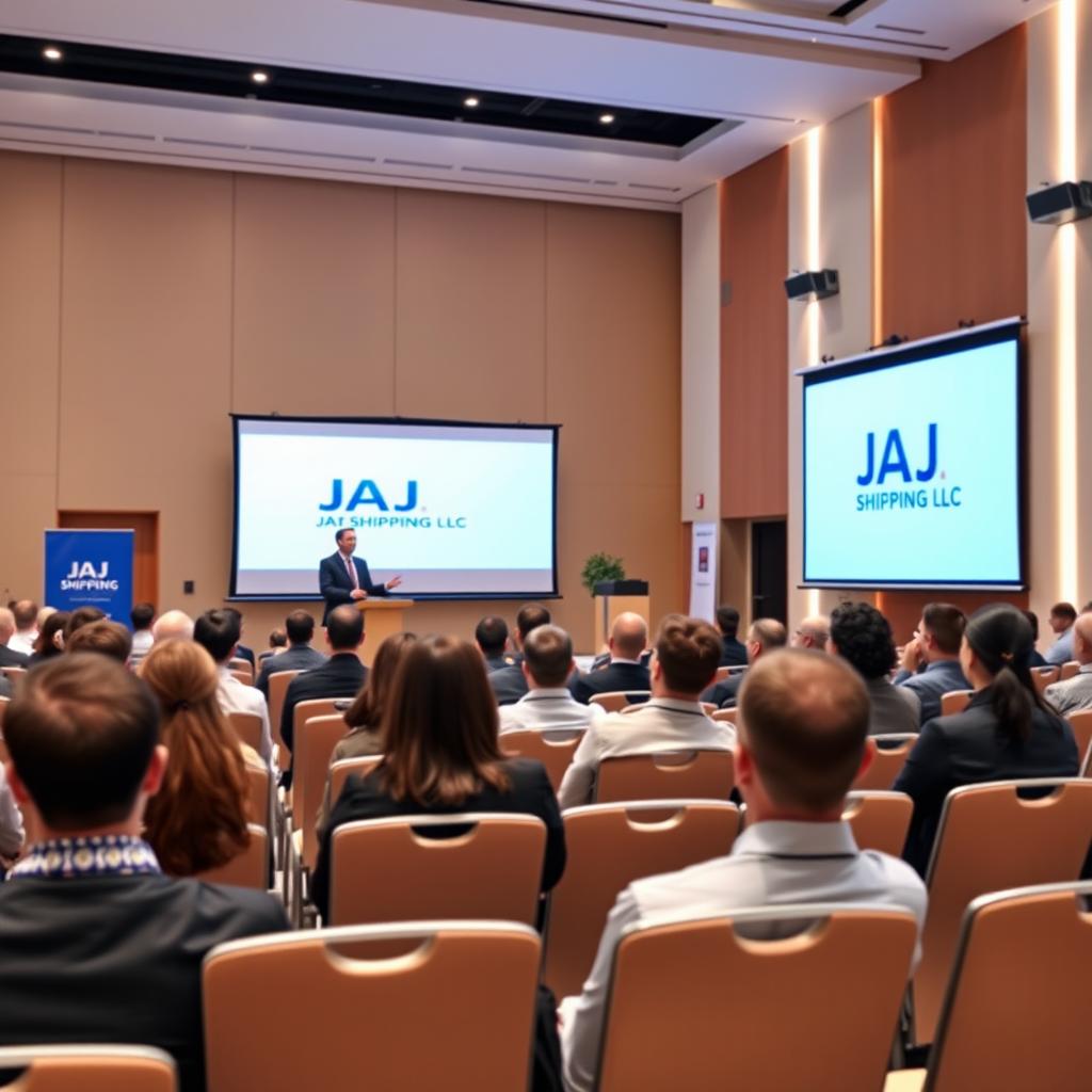 A professional image of a confident speaker at a presentation in a large hall