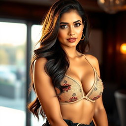 A stunning portrait of a hot, sexy woman resembling the glamorous Samantha Akkineni, confidently posed in a fashionable and chic bra that accentuates her curves