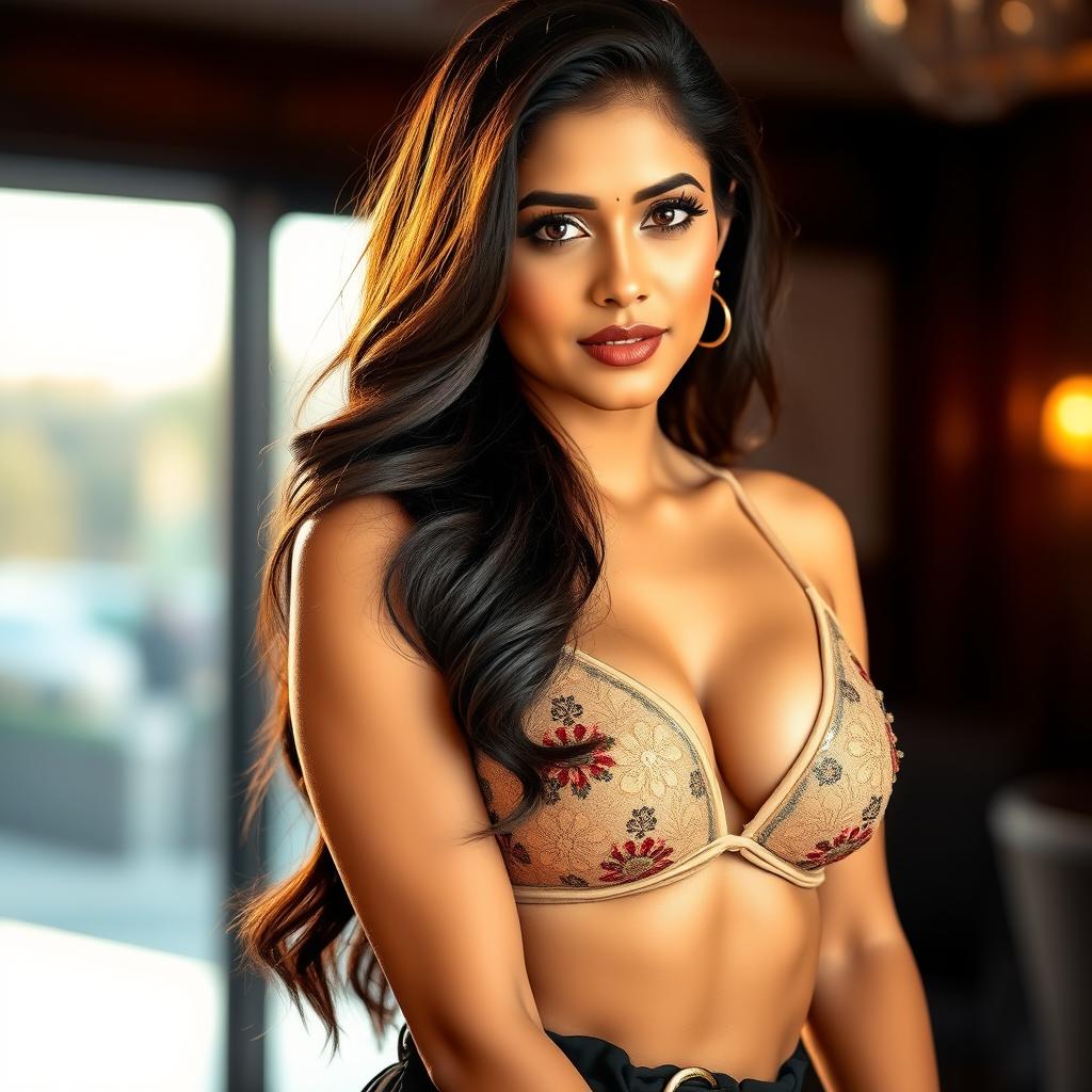 A stunning portrait of a hot, sexy woman resembling the glamorous Samantha Akkineni, confidently posed in a fashionable and chic bra that accentuates her curves
