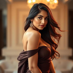 A stunning portrait of a hot, sexy woman inspired by the glamour of Samantha Akkineni, confidently posed to showcase her figure in an elegant and fashionable outfit that highlights her curves