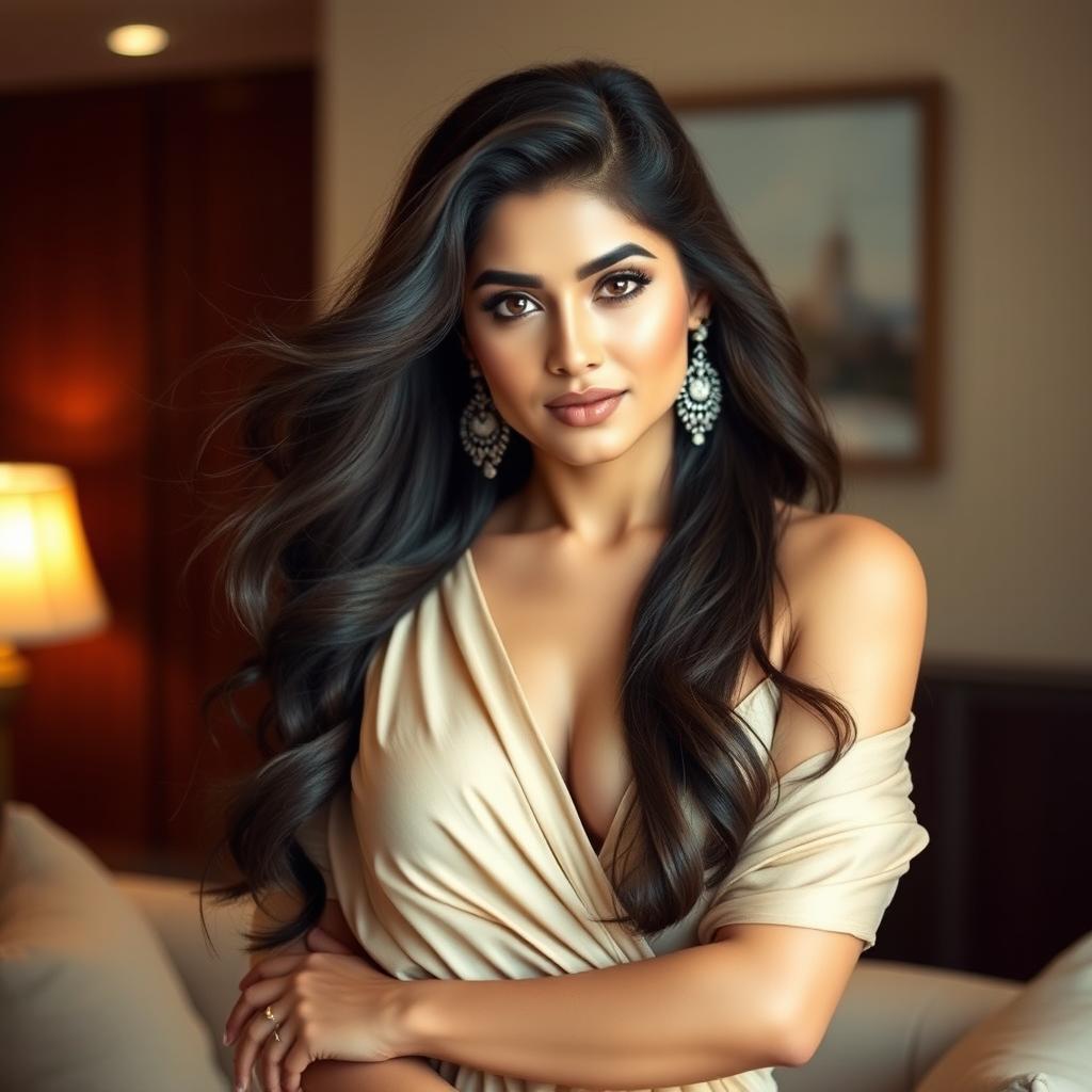 A stunning portrait of a hot, sexy woman inspired by the glamour of Samantha Akkineni, confidently posed to showcase her figure in an elegant and fashionable outfit that highlights her curves